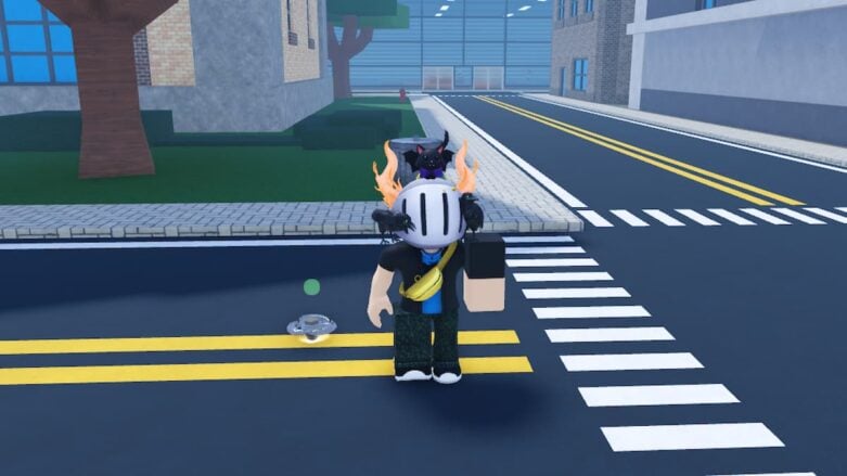 Roblox Totally Accurate Tops Avatar Wearing Silver Helmet With Big Left Arm Standing Beside Spinning Disc