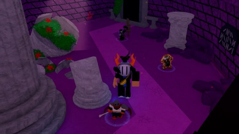 Roblox Undertale Rebuild Td Avatar Wearing Silver Helmet Standing In Purple Room With Units Placed