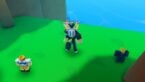 Roblox Anime Arise Avatar Wearing Silver Helmet With Cat On Top Standing On Grass Near Three Human Pets