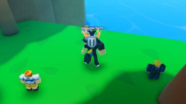 Roblox Anime Arise Avatar Wearing Silver Helmet With Cat On Top Standing On Grass Near Three Human Pets