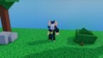 Roblox Baby Kicking Simulator Avatar Wearing Silver Helmet And Massive Left Arm Standing On Grass With Trees And Bushes Nearby
