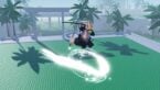 Roblox Blades Avatar With Silver Helmet Wielding Dual Katanas As They Slice Up The Air Cutting A White Path In The Sky