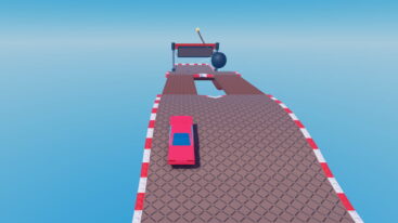 Roblox Brace A Red Car Speeding Off Towards Finish Line But A Wrecking Ball Swinging Is In The Way