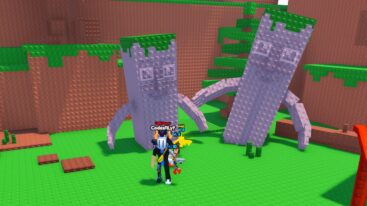 Roblox Brainrot Fighters Avatar Wearing Silver Helmet And Claw Arm Standing Before Two Giant Pillars Shaped Like A Brainrot
