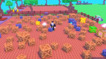 Roblox Break Crates Avatar Wearing Silver Helmet Standing In Field Of Different Colored Boxes Brown Blue Yellow And Green