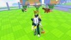 Roblox Build A Dinosaur Avatar Wearing Silver Helmet Standing In Front Of Dinosaurs That Have Different Body Parts