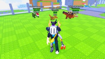 Roblox Build A Dinosaur Avatar Wearing Silver Helmet Standing In Front Of Dinosaurs That Have Different Body Parts