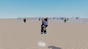 Roblox Cvr Avatar Wearing Silver Helmet Jumping In Mid Air As Tons Of Players Playing Cvr Volleyball In The Desert
