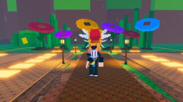 Roblox Catch A Bee Avatar Wearing Silver Helmet Standing On Dirt Path With Various Coloured Flowers Behind Red Purple Yellow