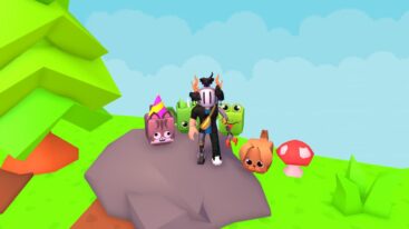 Roblox Clean It To Keep It Avatar Wearing Silver Helmet With Flame Spikes And Cat And Metal Claw Near Three Different Various Colored Pets While Standing On A Boulder Near A Mushroom