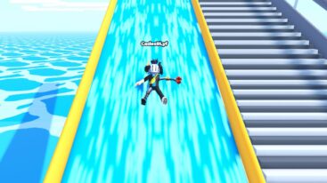 Roblox Climb And Slide Avatar Wearing Silver Helmet And Claw Arm Sliding Down A Water Slide
