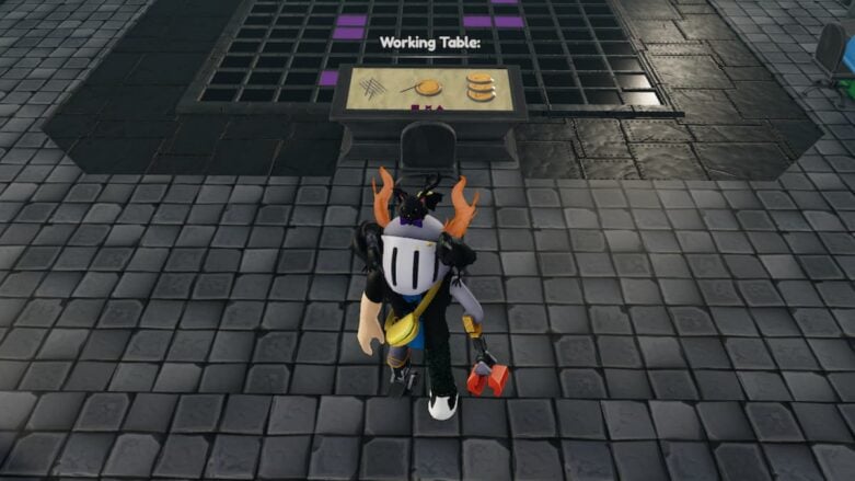 Roblox Dalgona Tycoon Avatar Wearing Silver Helmet And Claw Arm Standing In Front Of Dalgona Working Table