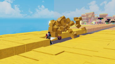 Roblox Dig To End Avatar Wearing Silver Helmet Racing Through Blocks As They Fly In The Air Behind Him