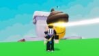 Roblox Drop A Poop Avatar Wearing Silver Helmet Standing In Front Of Massive Toilet And Yellow Head Firing Laser From Eyes