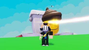 Roblox Drop A Poop Avatar Wearing Silver Helmet Standing In Front Of Massive Toilet And Yellow Head Firing Laser From Eyes