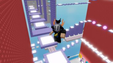 Roblox Effortless Tower Avatar Wearing Silver Helmet With Crows And Cat Jumping On White And Purple Platorm In A Tower Filled With Obstacles
