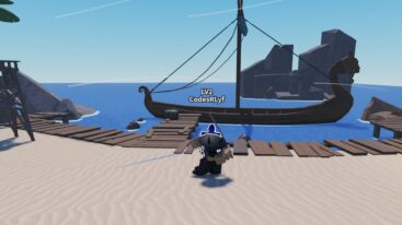 Roblox Evolve To Supreme Avatar With Metal Pointed Hat Swinging A Sword On A Beach Near A Wooden Dock Where A Small Boat Is Waiting