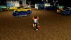 Roblox Fix It Up Avatar Wearing Silver Helmet And Claw Hand Standing In Junk Yard With Tons Of Different Colored Crushed Cars