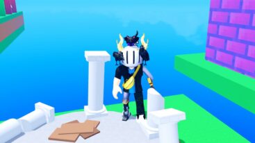 Roblox Grow Every Step Giant Avatar Wearing Silver Helmet And Metal Claw Arm Standing Near White Pillar