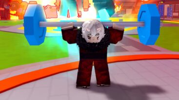 Roblox Hashira Training Demon Avatar With Horns Wearing Red Clothing Holding A Blue Barbell On Shoulders