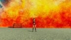 Roblox Majicka Ginger Haired Avatar Wearing Red Top And Shorts Standing Near Bench As A Red Yellow Fire Wall Erupts Behind Her