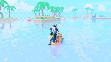 Roblox Make A Boat Avatar Wearing Silver Helmet And Claw Arm Sitting On A Tiny Boat In Water With Islands Around