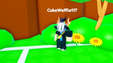 Roblox Phonk Clicker Avatar Wearing Silver Helmet And Big Left Arm Standing Near Two Yellow Dandelions