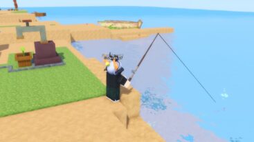 Roblox Pick Fruit For Fish Avatar Wearing Silver Helmet Holding Fishing Rod Fishing Into Ocean Water