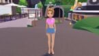 Roblox Pop Starz Avatar Wearing Pink Crop Top Blue Skirt Standing On Road With Shops Behind