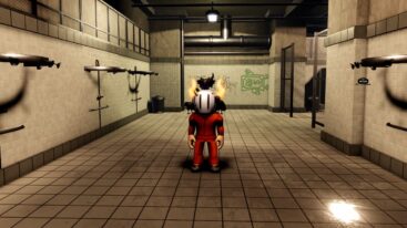 Roblox Prison Brawl Avatar Wearing Silver Helmet Wearing Orange Prison Overalls Standing In Shower Room