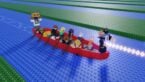 Roblox Row And Aura Farm Avatar Wearing Silver Helmet Standing On Bow Of A Red Rowing Boat Paddled By Other Avatars