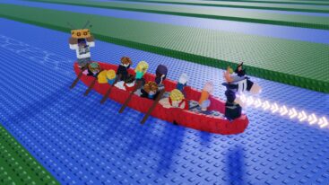 Roblox Row And Aura Farm Avatar Wearing Silver Helmet Standing On Bow Of A Red Rowing Boat Paddled By Other Avatars