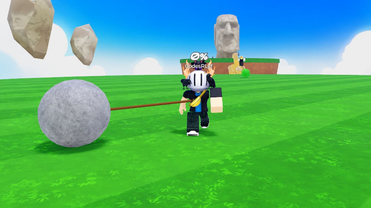 Slam Royale Codes July 2026 Try Hard Guides Roblox Slam Royale Avatar Wearing Silver Helmet Swinging Around A Grey Boulder Attached To A Rope 