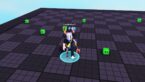 Roblox Slime Incremental Avatar Wearing Silver Helmet And Claw Arm Standing On Square Tiles Surrounded By Green Slimes