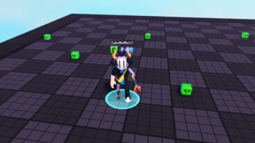 Roblox Slime Incremental Avatar Wearing Silver Helmet And Claw Arm Standing On Square Tiles Surrounded By Green Slimes