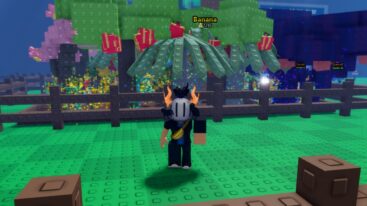Roblox Snatch A Seed Avatar Wearing Silver Helmet And Massive Left Arm Standing Before Farm Filled With Trees Fruit And More