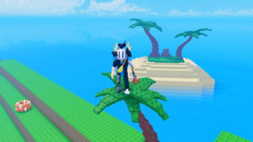 Roblox Steal A Fish Avatar Wearing Silver Helmet And Claw Arm Standing On Palm Tree With A Small Desert Island Behind