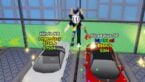 Roblox Steal A Ride Avatar Wearing Silver Helmet Jumping Between A White Legendary Sports Car And A Red Mythical Sports Car