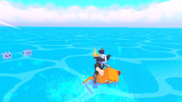 Roblox Swim With Brainrot Avatar Wearing Silver Helmet Swimming On A Brown Brainrot With Two Cats Behind