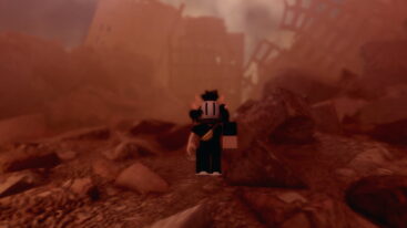 Roblox The Mimic Avatar Wearing Silver Helmet And Massive Left Arm Standing On Rubble With The Remains Of Collapsed And Destroyed Buildings Behind