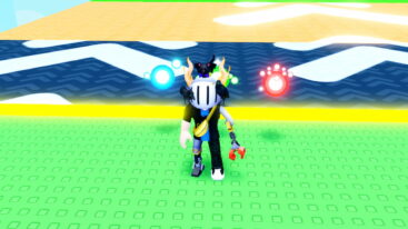 Roblox Throw A Brainrot Avatar Wearing Silver Helmet And Claw Arm With A Green Blue And Red Floating Bubbles Behind