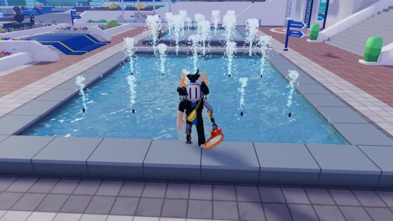 Roblox Us Open Avatar Wearing Silver Helmet With Animals On Top Holding An Orange Bat Standing Before Water Jets