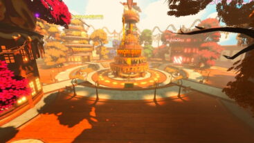 Roblox Anime Chefs An Orange Toned Asian Style Town Square With A Multi Tiered Central Pagoda Structure And Buildings Labeled Tournaments And Raids With Red Foliage