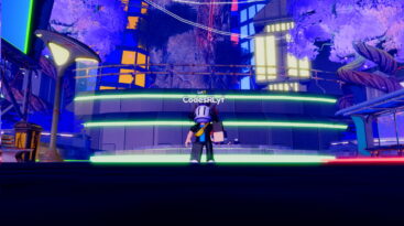 Roblox Anime Crusaders A Roblox Character With A White Helmet And A Banana Bag Standing In A Futuristic Cityscape With Glowing Buildings And Purple Trees