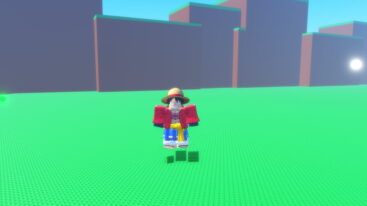 Roblox Anime Giant Evolution A Roblox Character Dressed As The Anime Character Luffy Stands On A Green Blocky Field With Three Small Green Cubes At Its Feet