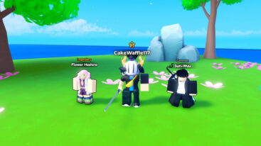 Roblox Anime Plasma A Roblox Avatar And Two Anime Companions Flower Hashira And Sun Wuu Stand On A Green Field Near A Rock And Blue Water
