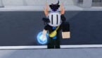 Roblox Anime Playground Avatar Wearing Silver Helmet With Animals On Top Holding A Blue Condensed Ball Of Light In Right Hand