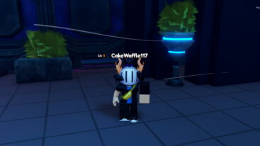 Roblox Anime Ultra Verse A Roblox Character With A White Helmet And Gold Horns Stands On A Grey Tiled Floor In A Futuristic Dark Blue And Purple Room With Glowing Plants