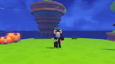 Roblox Anime Warriors Combat A Roblox Character With A White Helmet Gold Horns And A Banana Bag Standing On A Green Island With Floating Barrels And A Large Tree In The Background