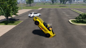 Roblox Astoria Oregon A Yellow Sports Car Is Parked On Two Wheels In A Parking Lot In Front Of A White Car With Trees And Buildings In The Background